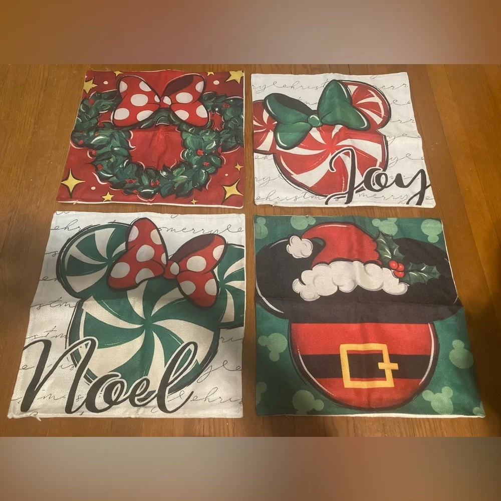 Pillow Covers Winter Christmas Mickey Minnie Mouse Themed Set of 4 16